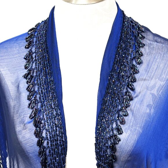 Beaded Royal Blue Sheer Triangle Shawl Scarf 37” x 37” x 61” - Picture 2 of 13